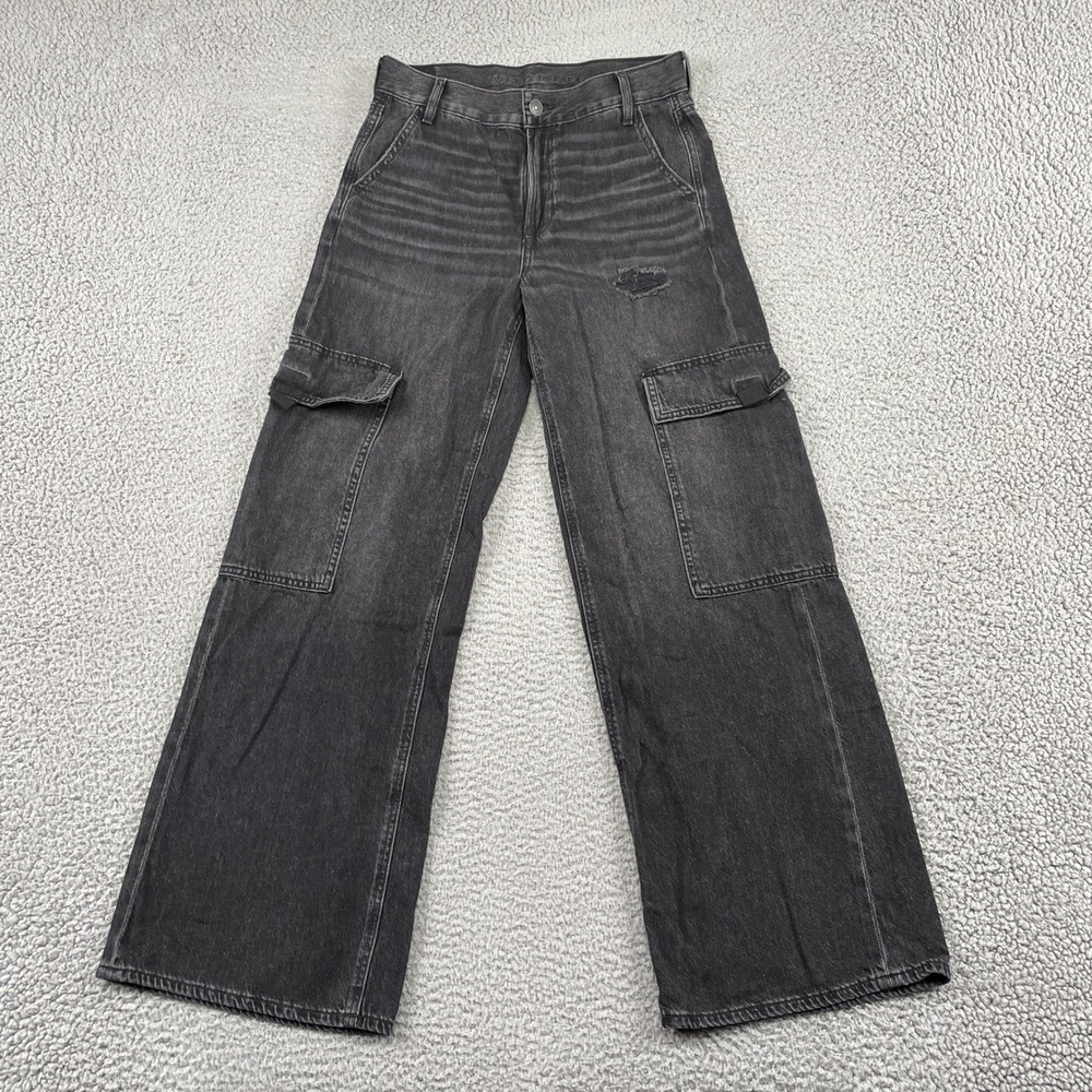 American Eagle Jeans Womens 2S Black Super High Rise Baggy Wide Leg Cargo Denim